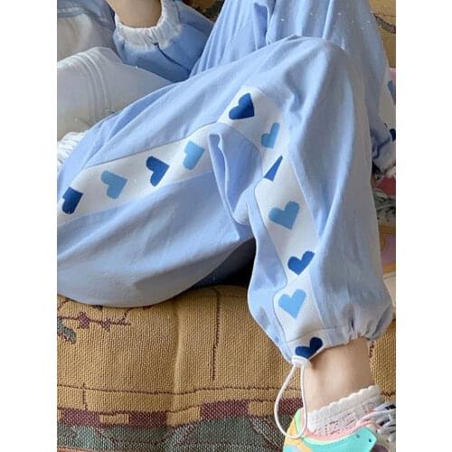 HOUZHOU Kawaii Blue Jogging Sweatpants Korean Fashion Sport Pants Women Baggy Soft Girl Patchwork Love Heart Wide Leg Trousers