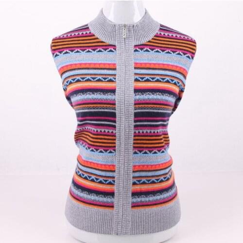 100%cashnmere colorful jacquard striped women fashion zipper cardigan sweater semi-high collar S-5XL retail wholesale