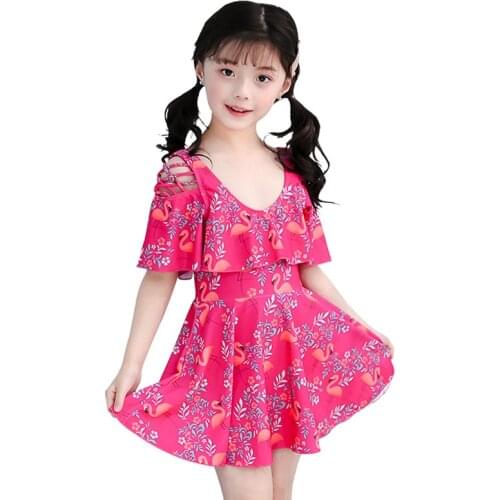 U Neckline Short Sleeve Swimming Suit For Kids Girls Children Ruffle Swimsuit Flamingo One Piece Kids Bathing Suit
