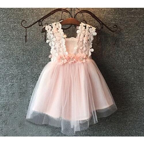 Summer fashion explosion female V-neck solid color lace hook flower strap pearl dress stitching mesh female baby princess dress