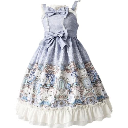 Sweet Lolita Dress Womens Merry-go-round Printing Vintage Cosplay Costume Bowknot JSK Dress for Girls