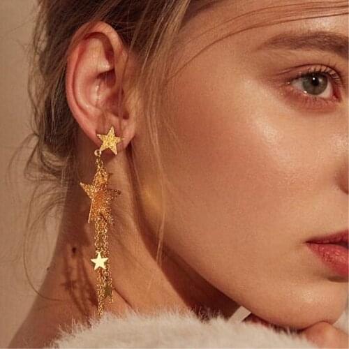 Fashion Statement Women Star Long Tassel Earrings Bijoux Gold Creative Geometric Metal Five-pointed Hanging Drop Earrings Gift