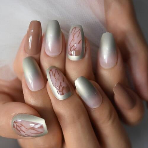 Ombre Mural Painting Marble Fake Nails Press On Coffin Ballerina Full Cover Medium False Nails Set Art Professional Manicure
