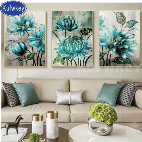 3 pcs Blue lily 5D Full square Diamond Embroidery Kit Pattern Diamond Painting Mosaic Bead Picture of Rhinestones golden flower