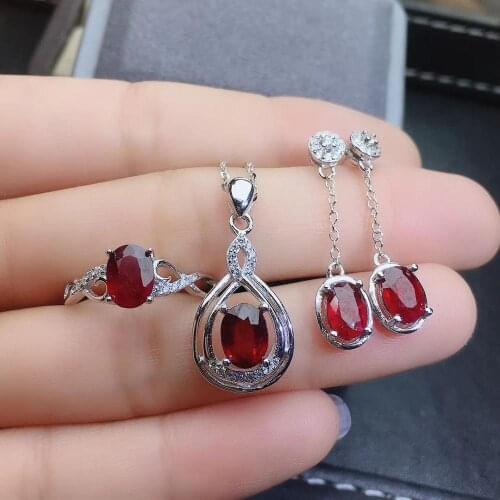 Attractive red ruby gemstone jewelry set including ring earrings necklace 925 sterling silver real good natural gem party gift