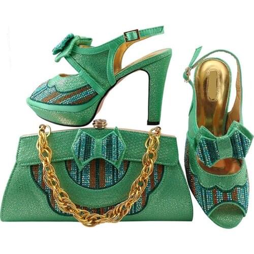 Latest water green shoes matching bags series with bowtie african lady shoes and handbag set for dress MM1038,heel 11CM