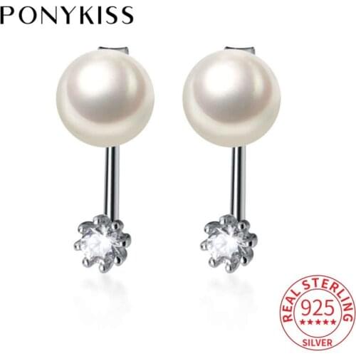 PONYKISS Romantic S925 Sterling Silver Pearl and Zircon Stud Earrings for Women Fine Jewelry Party Lovely Gift Accessory