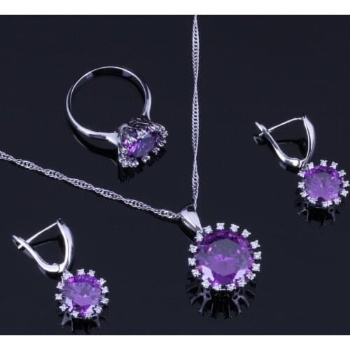 Fabulous Round Purple Cubic Zirconia White CZ Silver Plated Jewelry Sets Earrings Pendant Chain Ring V0281