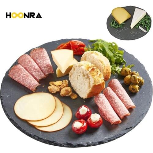 HOONRA Round Natural Black Slate Western Steak Plates Slate Dinner Plate Kitchen Cheese Pizza Flat Fruit Tray