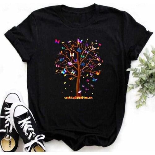 Woman Butterfly Tree Print T-shirts Harajuku Summer Kawaii Short Sleeves Tshirts Fashion Casual O-neck Top Tee Shirt,Drop Ship