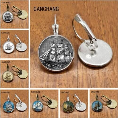 Vintage sailing pattern round glass convex round earrings, nautical flying marine ornaments, retro charm pencil art earrings
