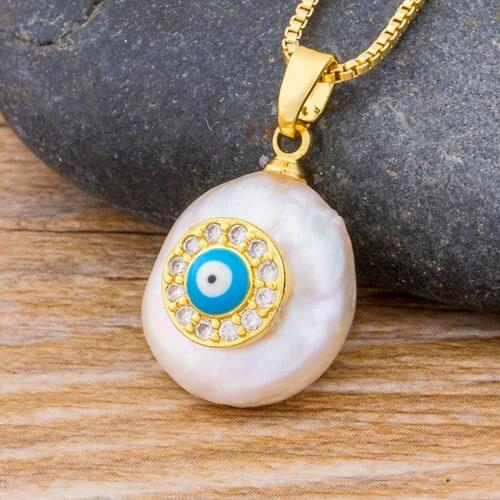 High Quality Micro Pave CZ Blue Evil Eye Natural Pearl Pendant Choker Necklace Gold Color Chain Charm Necklace For Women Jewelry