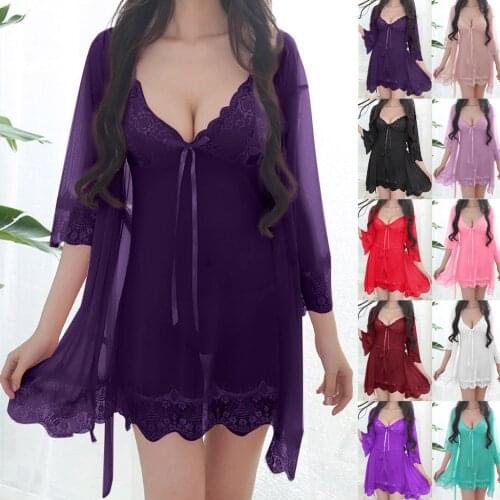 Sexy Sleepwear For Women Perspective Mesh Nightdress Robe Three Piece Suit Ladies Lace Sexy Underwear Lingerie Party Nightie 3XL