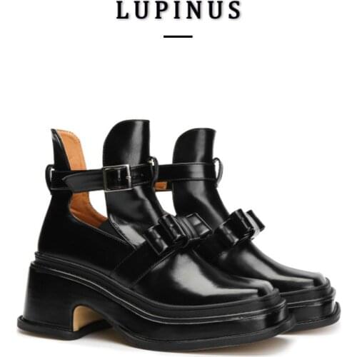 2021 Autumn Chunky Platform Ankle Boots Women Bowknot Decoration Shollow Motorcycle Boots Women Retro Square Toe Fashion Shoes