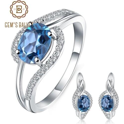 GEMS BALLET 13.7Ct Oval Natural London Blue Topaz Gemstone Jewelry Sets For Women Wedding 925 Sterling Silver Earrings Ring Set