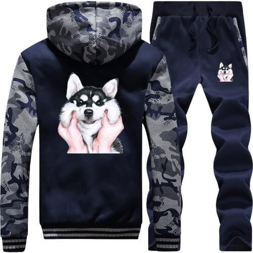 Winter Lovely dog Jacket+pants Men Suits Fleece Hooded Sweatshirts Pants warm Tracksuits Sport sets Camouflage Thick 2Pcs Set