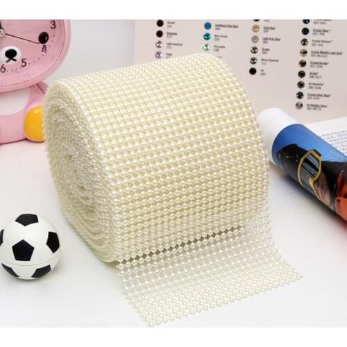 24 Rows 4mm Pearl Mesh Ribbon Wrap Roll Acrylic Bead Pearl Trim for Wedding Party Cake Vase Bridal Shower Decorations DIY Craft