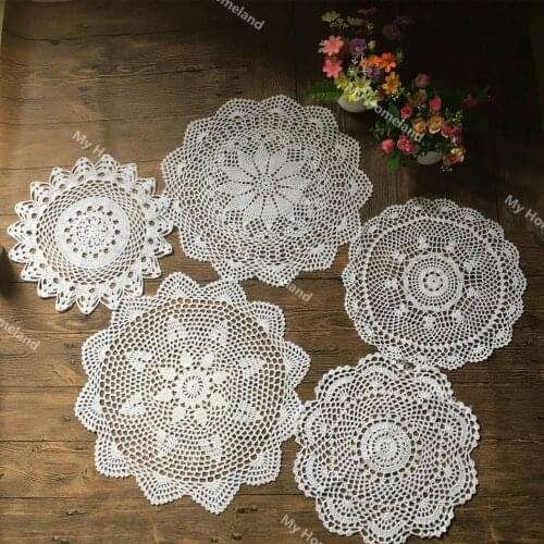 30-40CM 5Pcs 100% Cotton HandMade Crochet Doilies Cup Mat Pad Coaster Vintage Style Floral Hand Crochet Motifs White Beige HD170