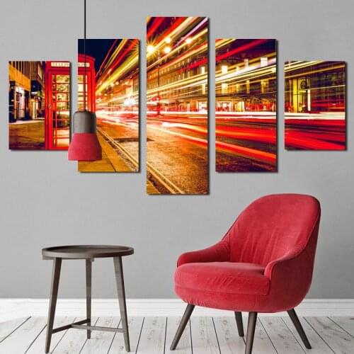 5 Panel Canvas New York City Orange Red Telephone Booth Canvas Painting Landscape Print Art Night Scene Poster Wall Decoration