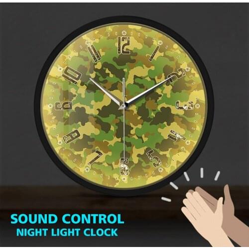 Army Soliders Green Camouflage Non-Ticking Metal Frame LED Wall Clock Sound Activated Military Hanging Wall Watch Man Cave Decor