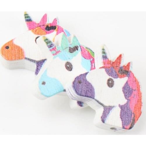 Unicorn Paintied White Natural Wooden Loose Beads For Kids Jewelry Making Accessory 21mm 20pcs KL136-FD