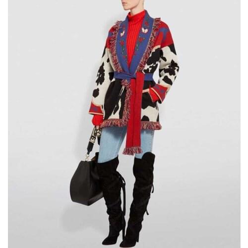 Wavsiyier Fringed Wool Long Cardigan Belted Embroidery Floral 2021 New Winter Thick Knitted Sweater Coat Outwear Warm High Quali