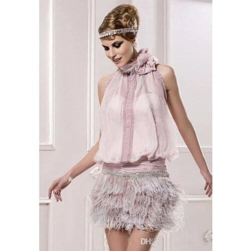 Backless Cocktail Dresses Sheath Halter Chiffon Feather Beaded Short Mini Elegant Homecoming Dresses