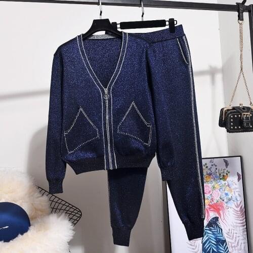 Dark blue Bright silk Knitted Tracksuits Women Outfits Zipper Cardigan Coat Pencil Pants 2pc Loose Casual Sports Knit Set Female