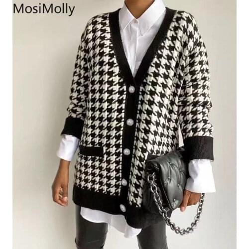 MosiMolly 2021 A/W Houndstooth Plaid Sweater Coats Women Jumper Button Knitting Coats Jacket Casual