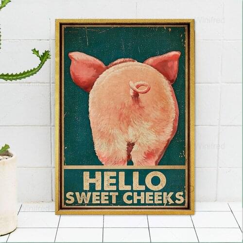 Funny Bathroom Wall Art Posters Print Cartoon Pig Canvas Painting Hello Sweet Cheeks Quote Nordic Pictures Kid Room Toilet Decor