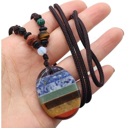 Natural Stone Seven Color Oval Reiki Heal Energy Crystal Agated Necklace Trendy Pendants Necklace Gift for Women Man 30x40mm