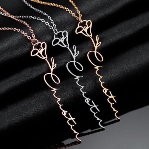 Custom Name Necklace Handwriting 12 Birth Flower Jewelry 2021 Stainless Steel Nameplate For Women Birthday Pendant Gift