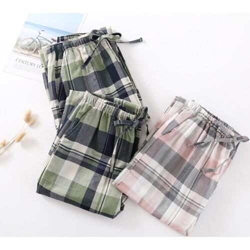 Couples Plaid Pyjama Bottoms Men and Women Cotton Gauze Trousers Summer Elastic Waist Thin Loose Home Sleep Pants