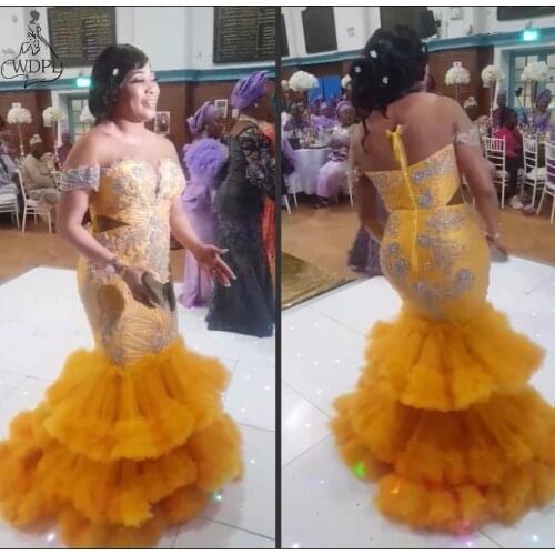 African Plus Size Women Mermaid Prom Dresses 2019 Gold Yellow Shiny Bead Tiered Skirt Short Sleeve Evening Dress Black Girl Gown