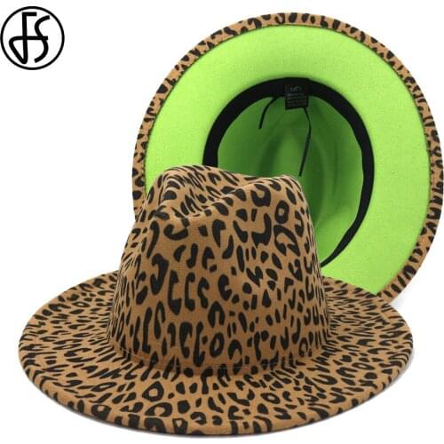 FS Autumn Winter British Style Men Women Double-sided Color Matching Leopard Green Wool Jazz Hat Wide Brim Fedora Hat Panama Cap