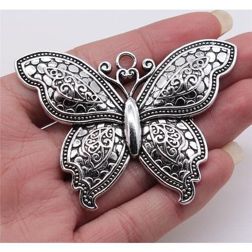 WYSIWYG 1pcs/lot Butterfly Charms Pendant Diy Metal Jewelry Making Antique Silver Color 53x71mm