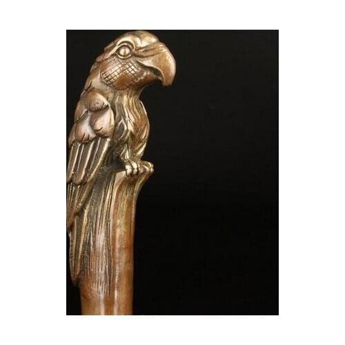 YM 324 bronze Pure Copper Brass Grandpa Good Lucky BRONZE PARROT CANE WALKING STICK HEAD DECORATION CARVING ASIAN COLLECT OLD