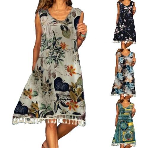 2021 Women Dress V Neck Floral Print Tassel Summer Sleeveless Round Neck Dress for Beach Elegant Floral Print Hollow Out Dresses