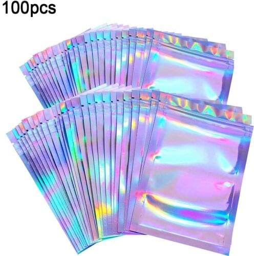 100Pcs/Set Clear Holographic Laser Seal Bags Eyelashes Party Foods Gift Package Storage Pouch Supplies