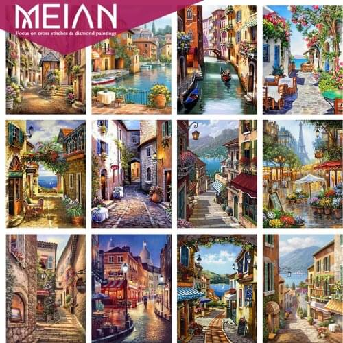 2020 MEIAN City Diamond Painting Embroidery Scenery Cross Stitch 5D DIY Full Round Rhinestones Mosaic Home Decoration