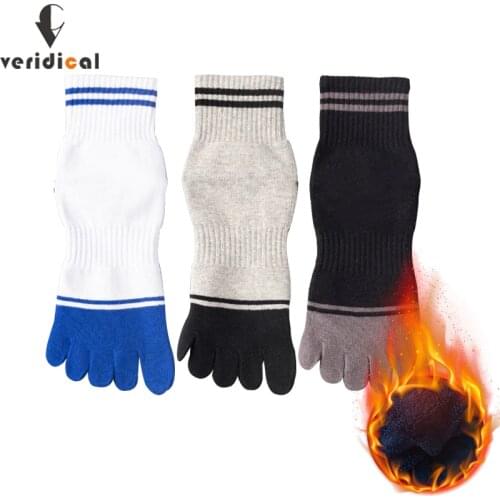5 Pairs/Lot Five Fingers Socks For Man Striped Thick Winter Terry Thermal Compression Athletic Sport Socks With Toes Hot Sell