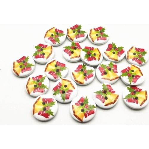 50pcs 18mm Wood Christmas Buttons Round Holly Bell Painted DIY Xmas Ornament DIY Decorations Accessories Crafts