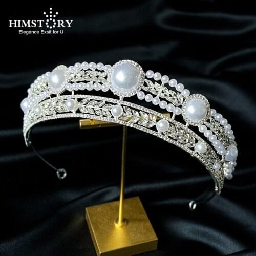 HIMSTORY Wedding Crown Big Round Pearl Tiaras Hairband Engagement Hair Accessories for Bride Girls Bridesmaids Headdress