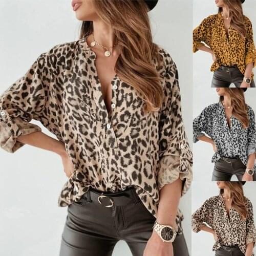 Adjust Button Long Sleeve Female Blouse Spring Sexy V Neck Leopard Shirt Blusa Elegant Women Loose Pullover Tops