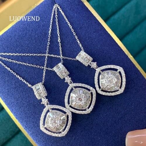 LUOWEND 18K Solid White Gold Pendant Necklace Real Natural Diamond Temperament Elegant Women Engagement Necklace High Quality