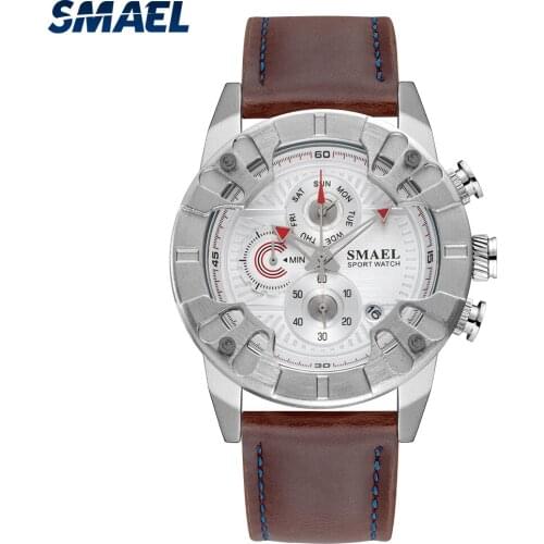 SMAEL Sport Quartz Watch Men Chronograph Function Waterproof 3Bar Luminous Pointer Leather Strap Clock relogio masculino 9155