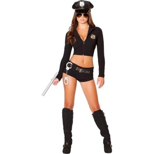 Black Sexy Lingerie Police Uniform Halloween Party Performance Cop cosplay Costume Set Top+Shorts+Hat+Belt+Baton+Handcuff