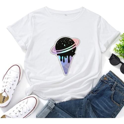 Ice Cream Planet Galaxy Stars Moon T Shirt Women Loose Cotton T-Shirts for Women Graphic Casual Short-sleeved Camisetas Mujer