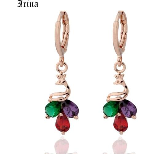 Irina Brand Fashion Peacock shape Zircon Hoop Earrings For Women 585 Rose gold color Earring Ear Jewelry Wholesale