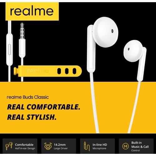 Realme Buds Classic Earphone 3.5mm Wired Earbuds Half In-Ear Built-in Mic Large Driver Headset with Microphone Sports Headsets